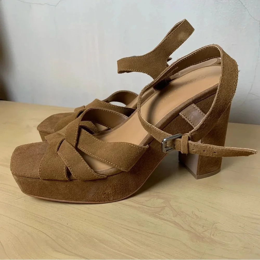 Splendid Piper Platform Slingback Chunky Sandals Brown Suede Block Heel Size 9.5